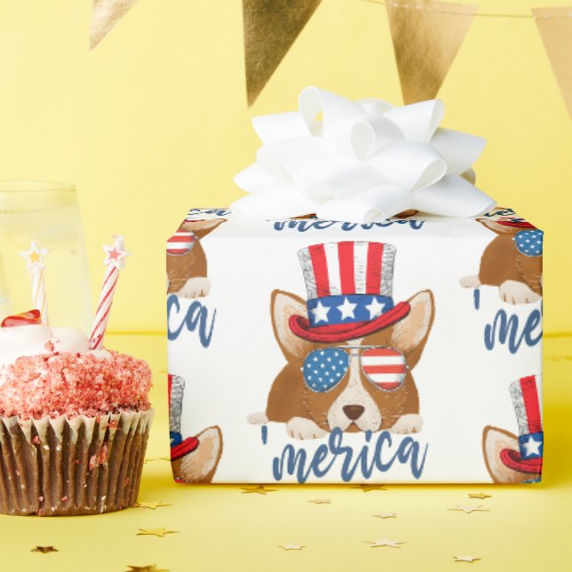 Papier Cadeau Corgi American Casquette Patriotic Stars and Strip (Fête d'anniversaire)