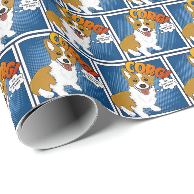 Papier Cadeau Corgi, le super héros des chiens ! (Coin rond)