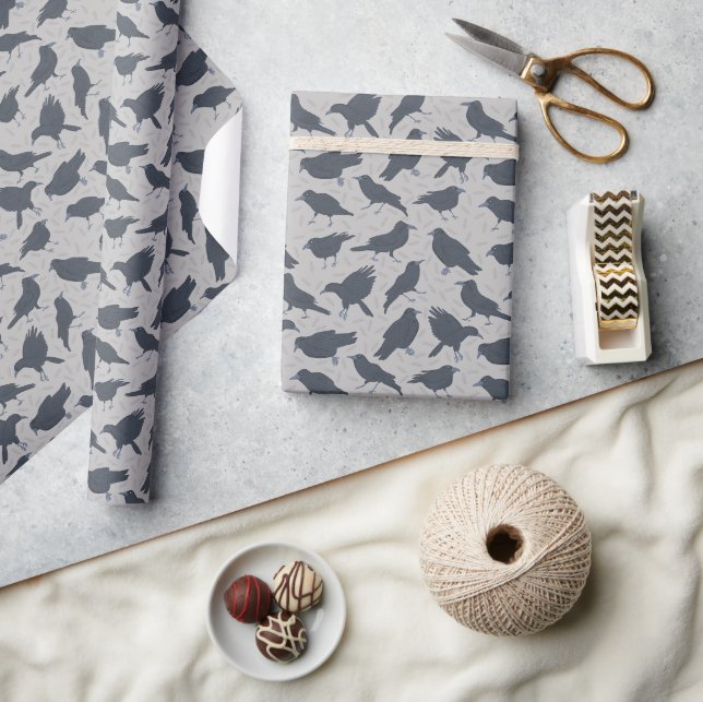 Papier Cadeau Corneilles Noires Oiseaux Gris Motif (Artisanat)