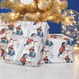 Papier Cadeau Cosy Christmas Black Kid's Building a Snowman