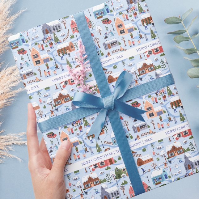 Papier Cadeau Cosy Hygge Christmas Winter Village Nom de famille (Hygge Scandinavian Christmas Village Wrapping Paper)