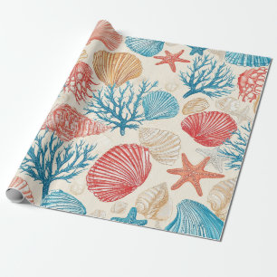 Papier Cadeau Côtière rustique - Coquillages, Poisson étoilé, Ba
