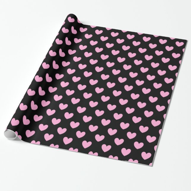 Papier Cadeau Coton Candy Pink coeurs de polka sur noir (Déroulé)