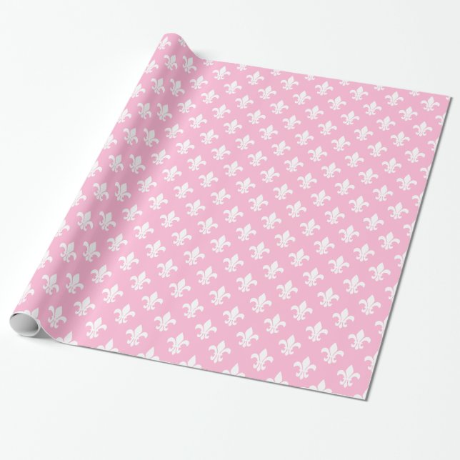 Papier Cadeau Coton Candy Rose Blanc Fleur de Lis Motif (Déroulé)
