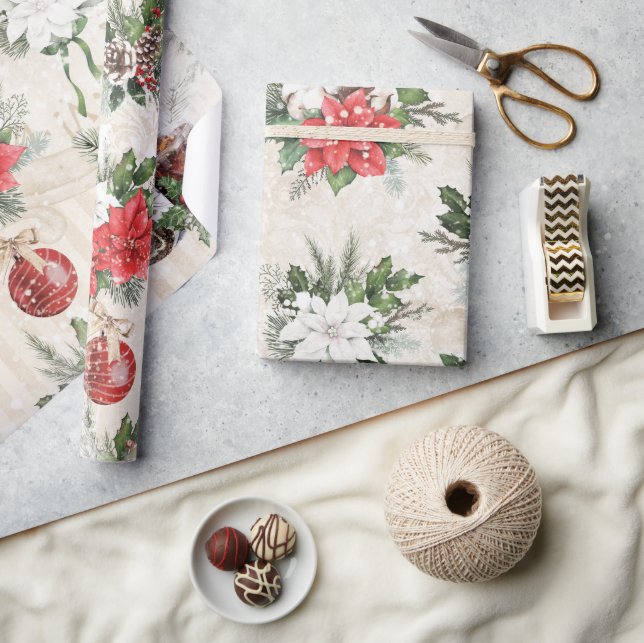 Papier Cadeau Coton de pin poinsettia rouge et blanc classique (Artisanat)