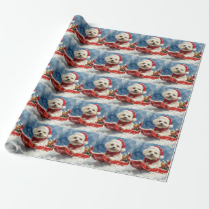 Papier Cadeau Coton De Tulear en Luge Laissez-le neiger Noël