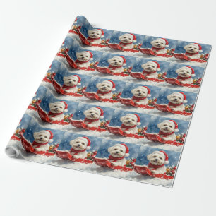 Papier Cadeau Coton De Tulear en Luge Laissez-le Neiger Noël