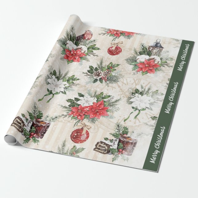 Papier Cadeau Coton poinsettia rouge et blanc de Noël classique (Déroulé)