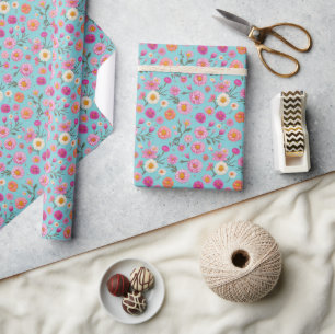 Papier Cadeau Cottage noyau floral blanc marguerites fleurs rose