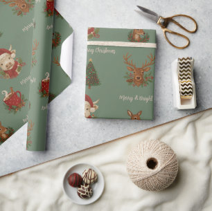 Papier Cadeau cottagecore rustique joyeux noël animaux & cacao