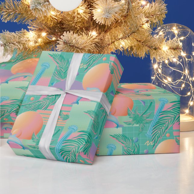 Papier Cadeau Coucher de soleil et palmiers à vagues d'été (Vacances)