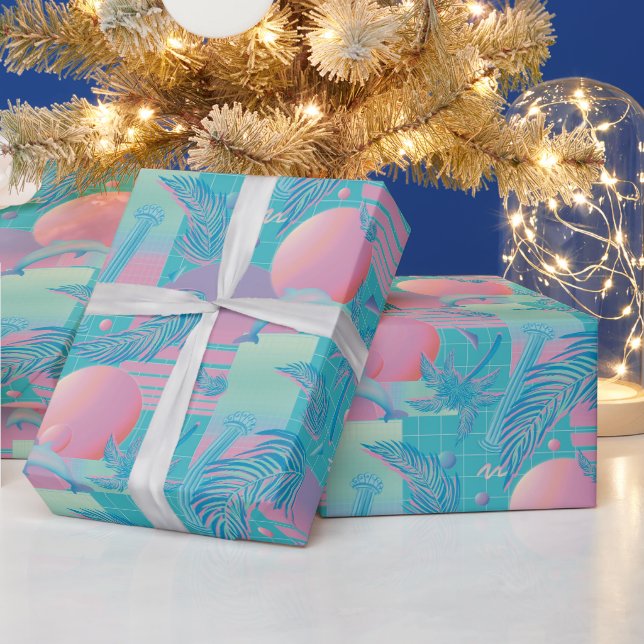 Papier Cadeau Coucher de soleil et palmiers bleu Vaporwave Summe (Vacances)