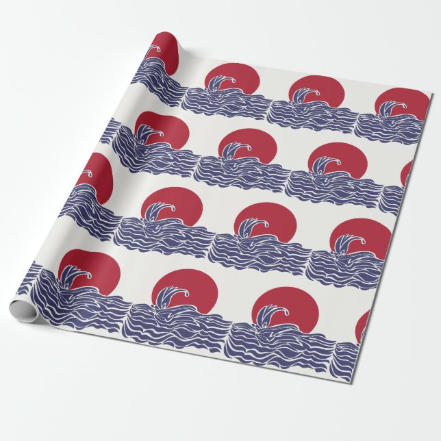 Papier Cadeau Coucher de soleil et vagues de l'océan rouge, blan (Déroulé)
