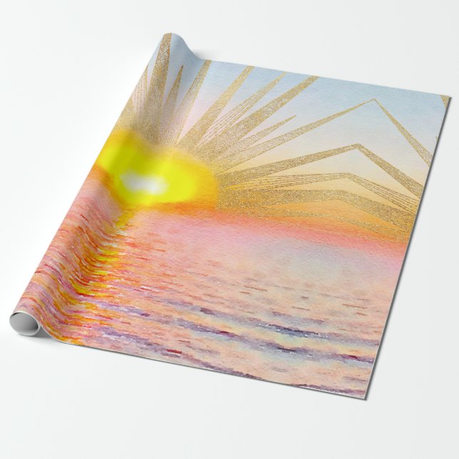 Papier Cadeau Coucher d'or Soleil Mandala Aquarelle Mer (Déroulé)