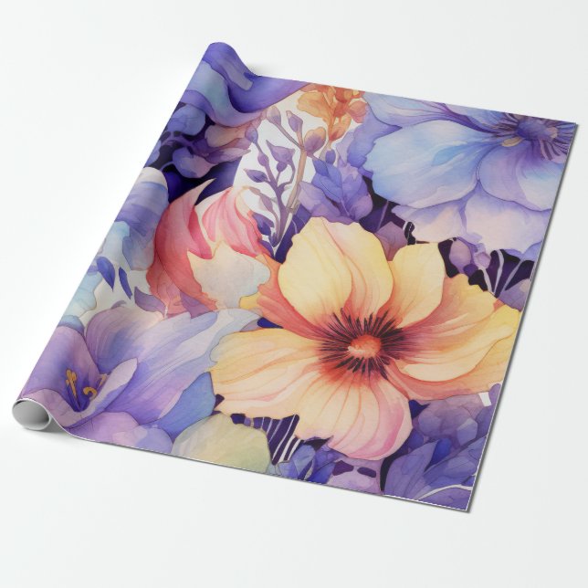 Papier Cadeau Couleur d'aquarelle fleurie violette et orange (Déroulé)
