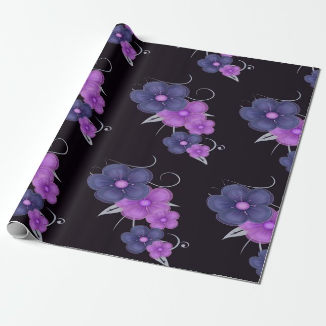Papier Cadeau couleur de l'eau noir violet floral (Déroulé)