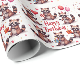 Papier Cadeau Couleur d'eau douce Brown Raccoon scène d'annivers