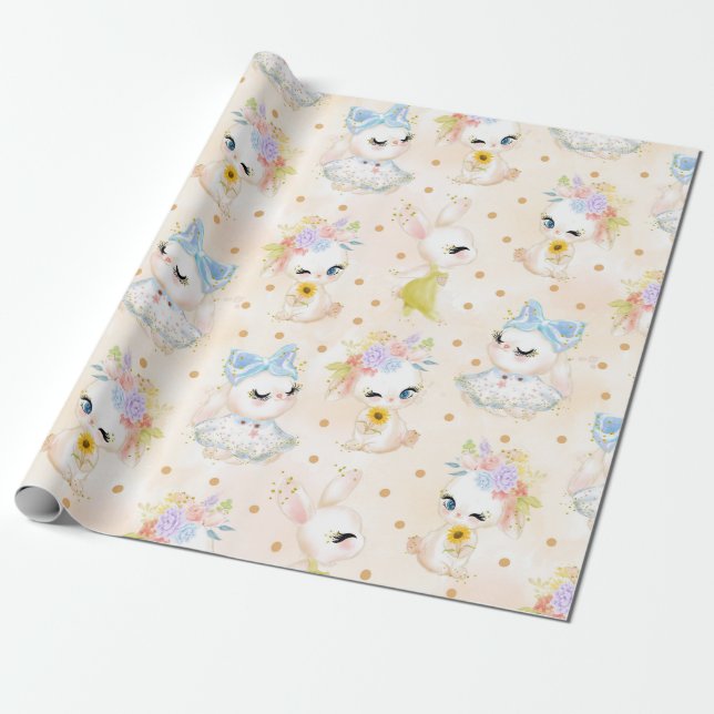 PAPIER CADEAU COULEUR D'EAU PASTEL CUTE EASTER BUNNIES (Déroulé)