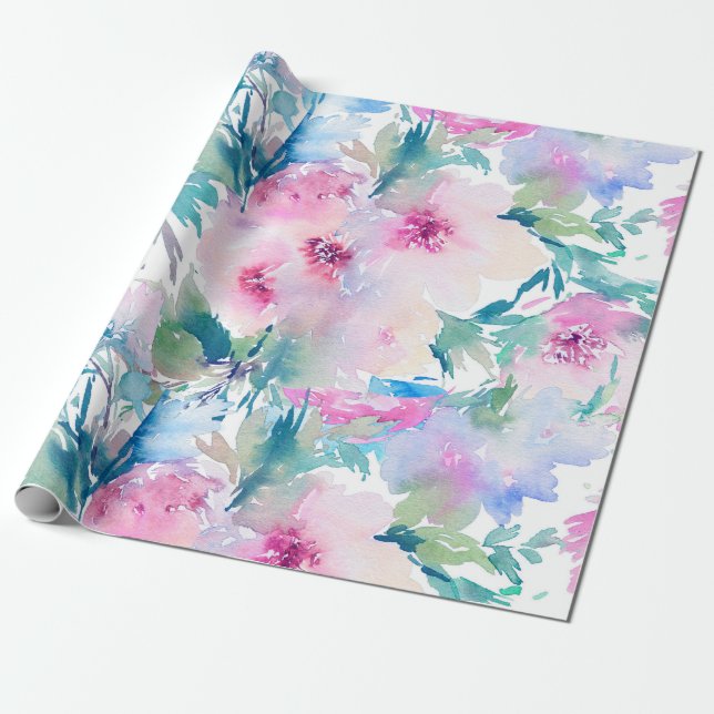 Papier Cadeau Couleurs d'eau rose pâle et bleu fleurs collage (Déroulé)