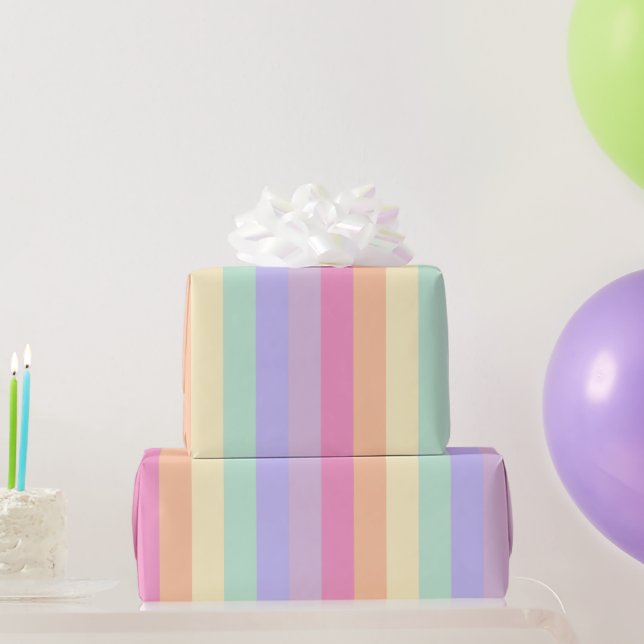 Papier Cadeau Couleurs pastel rose jaune bleu violet rayé (Cadeaux de fête)