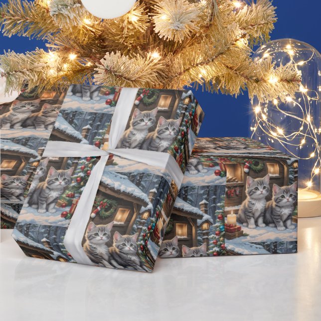 Papier Cadeau Country Cabin, Cute Kittens and Christmas Tree  (Vacances)