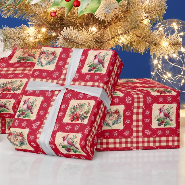 Papier Cadeau Country Cardinal et Floral Wreath En vichy Carré (Créateur téléchargé)