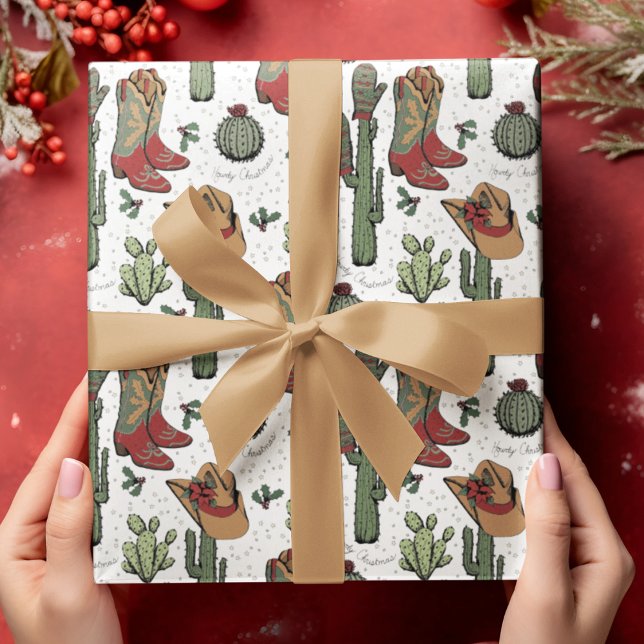 Papier Cadeau Country Cowboy Howdy Noël (Festive Country Xmas Hand-Drawn Art. Cowboy Boots, Cacti, Winter Gloves, Poinsettia, Holly & Stars.)