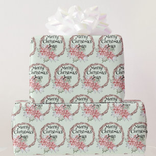Papier Cadeau Country Wreath Christmas Poinsettia Ajouter un nom