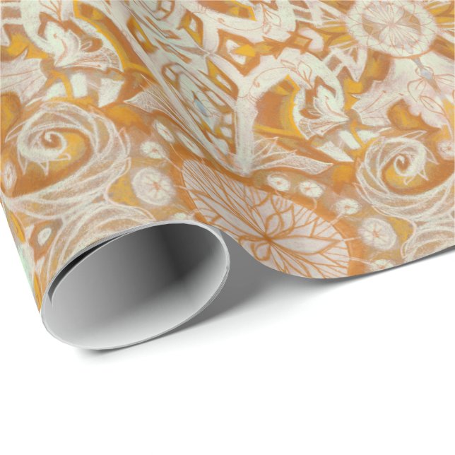 Papier Cadeau Courbes et lotus, damas motif, vanille et jaune (Coin rond)