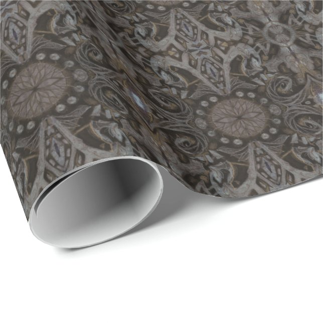 Papier Cadeau Courbes & Lotuses damask taupe fusain noir brun (Coin rond)