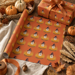 Papier Cadeau Couronne d'automne de fantôme mignon et de citroui