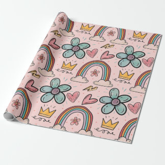 Papier Cadeau Couronne de gribouillis, Arc-en-ciel, Fleurs, Aqua