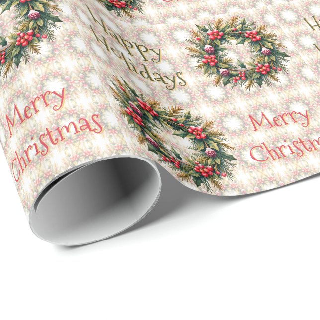 Papier Cadeau Couronne de Noël à motifs (Coin rond)