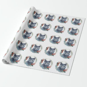 Papier Cadeau Couronne de Noël au chat bleu russe Kitten festif