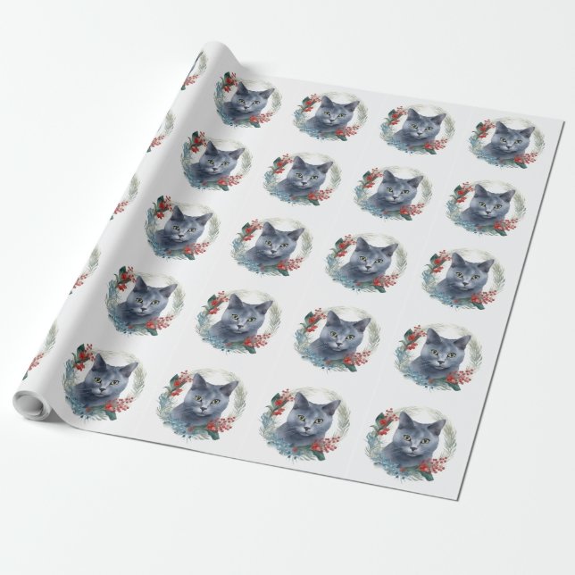 Papier Cadeau Couronne de Noël au chat bleu russe Kitten festif (Déroulé)