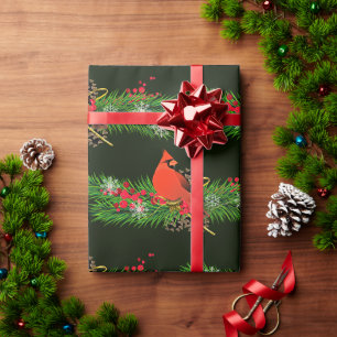 Papier Cadeau Couronne de Noël avec oiseaux cardinaux Brillante