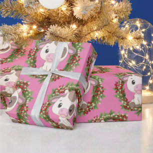Papier Cadeau Couronne de Noël de la vache mignonne