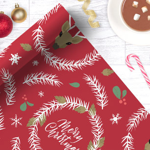 Papier Cadeau Couronne de Noël de rennes Fêtes Rouge