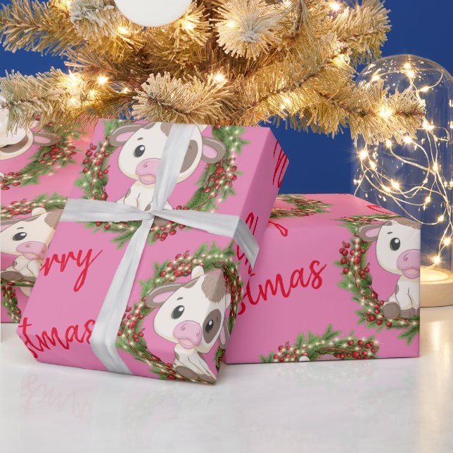 Papier Cadeau Couronne de Noël de Vache mignonne rose (Vacances)