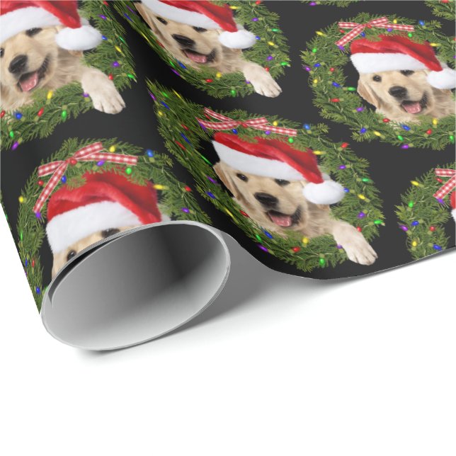 Papier Cadeau Couronne de Noël Golden Retriever (Coin rond)