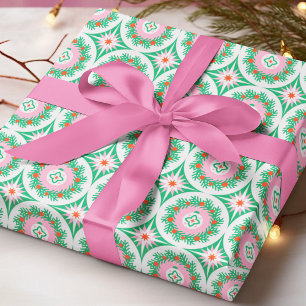 Papier Cadeau Couronne de Noël moderne Motif floral géométrique