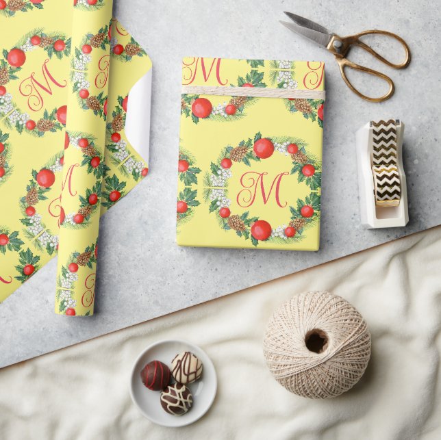 Papier Cadeau Couronne de Noël moderne rouge vert jaune  (Artisanat)