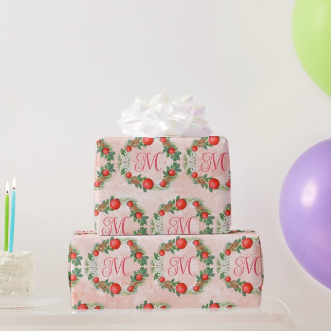 Papier Cadeau Couronne de Noël moderne rouge vert lettre (Cadeaux de fête)