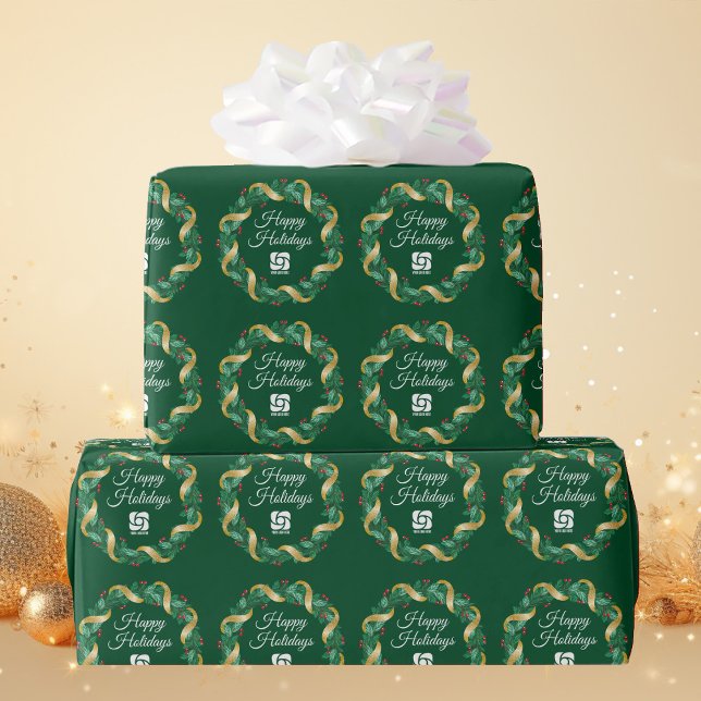 Papier Cadeau Couronne de Noël verte avec logo d'entreprise pers (Créateur téléchargé)