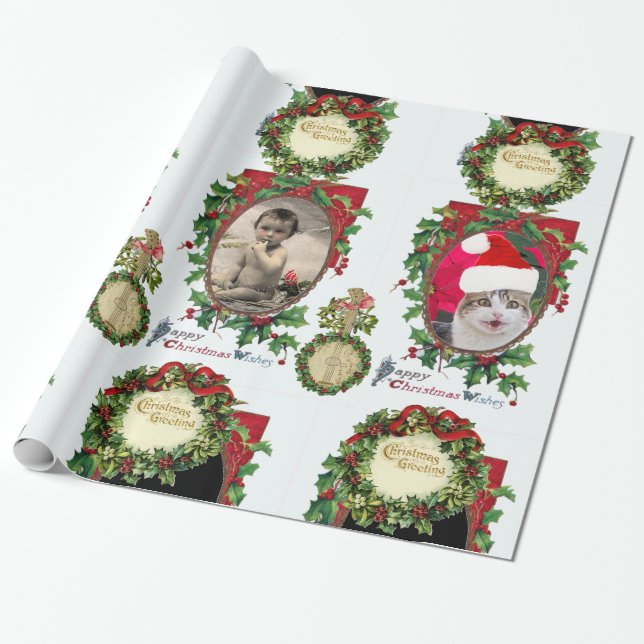 PAPIER CADEAU COURONNES DE NOËL, BANJO, MODÈLE PHOTO DE RIBBONS  (Déroulé)