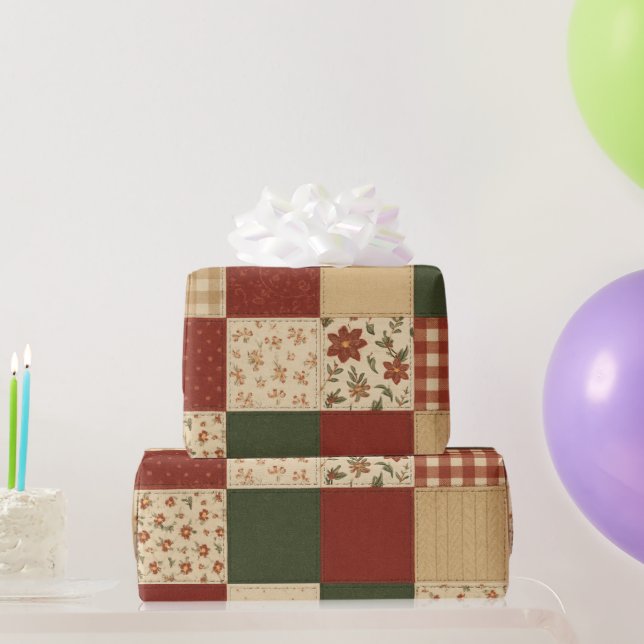 Papier Cadeau Courtepoint Patchwork Rouge Vert Maison de Campagn (Cadeaux de fête)