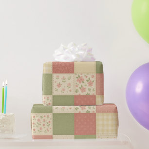 Papier Cadeau Courtepoint Patchwork Vert Rose Fleurie Maison de 
