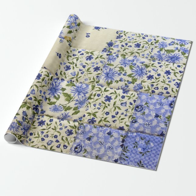 Papier Cadeau courtepointe à patchwork floral bleu (Déroulé)
