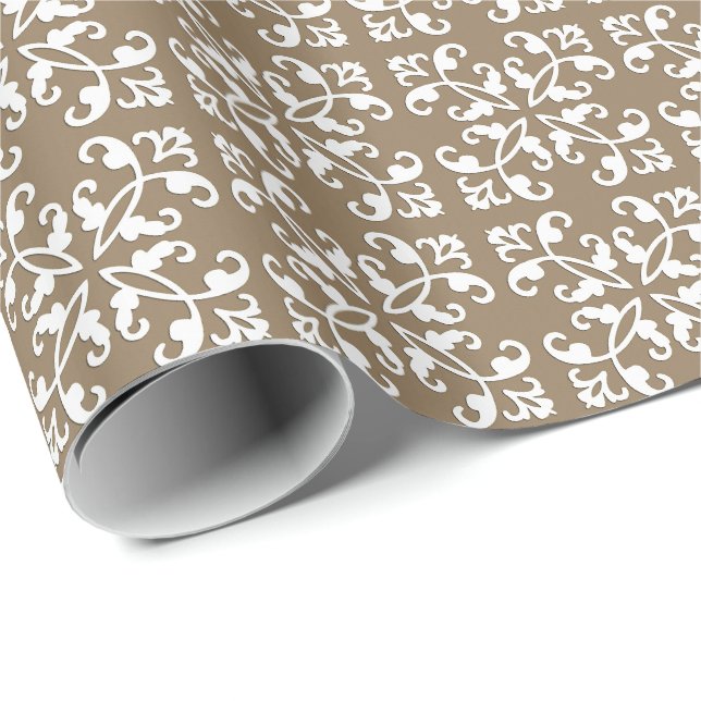 Papier Cadeau Coutwork en dentelle - blanc sur taupe (Coin rond)