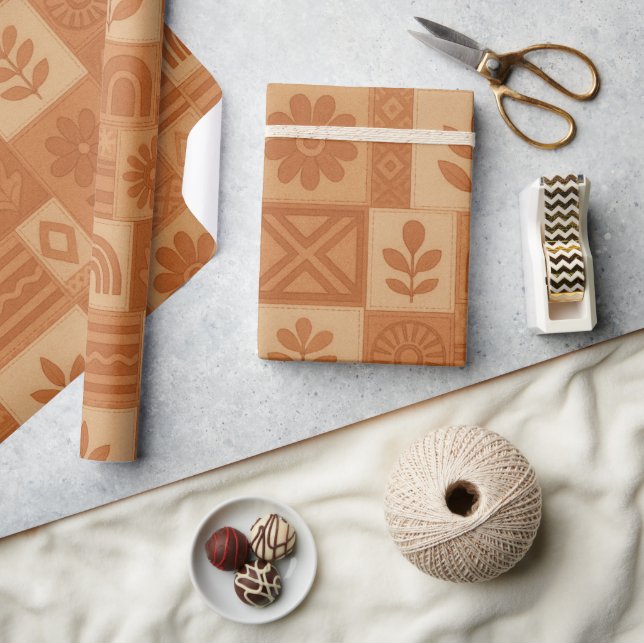 Papier Cadeau Couverture Patchwork En Terre Cuite Fleurs Maison  (Artisanat)